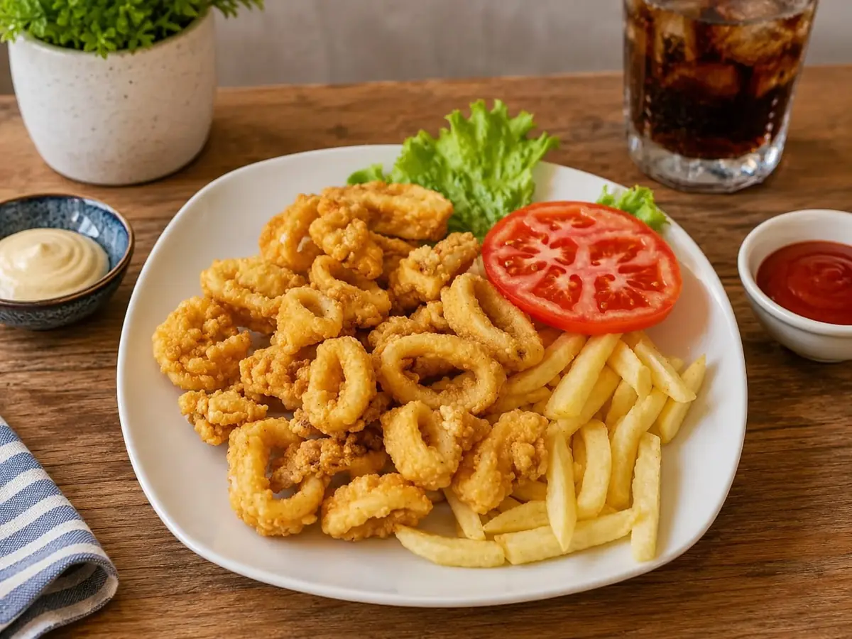 Calamares rebozados con patatas y ensalada