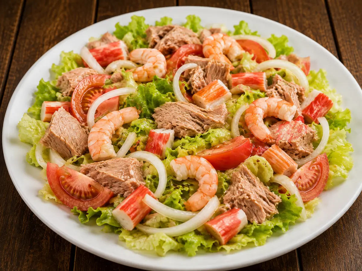 Ensalada marinera con atún, gambas y palitos de cangrejo