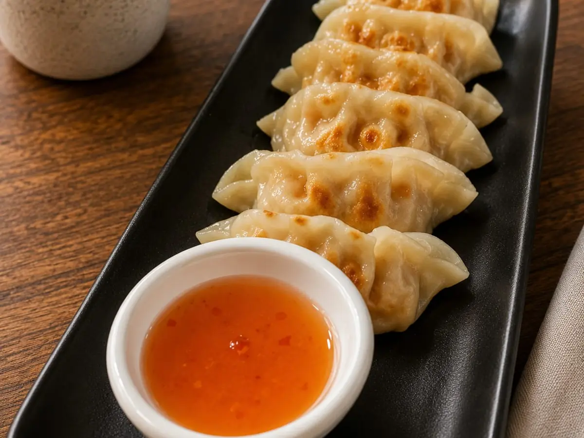 Gyozas de pollo, carne o verduras servidas con salsa