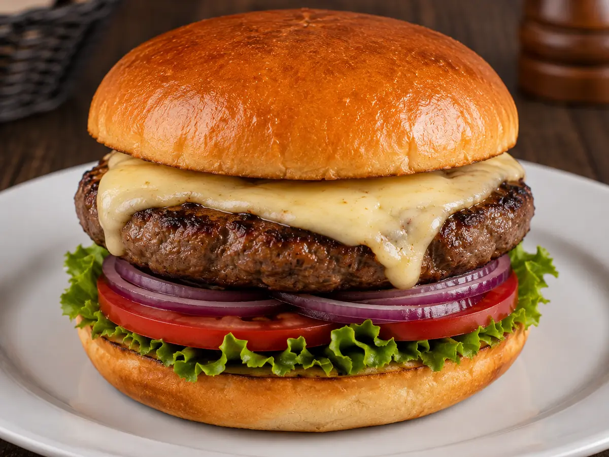 Hamburguesa de carne con queso, lechuga, tomate y cebolla