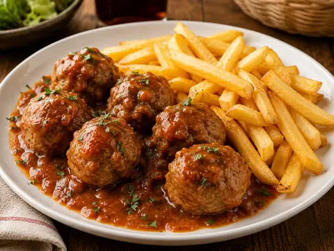 Albóndigas de pollo o carne en salsa con patatas fritas