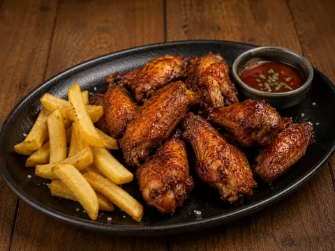 Alitas de pollo acompañadas de patatas fritas y salsa