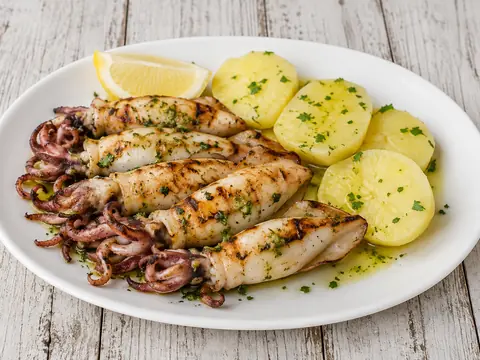 Chipirones a la plancha acompañados de patatas cocidas