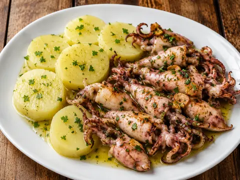 Chipirones al ajillo acompañados de patatas cocidas
