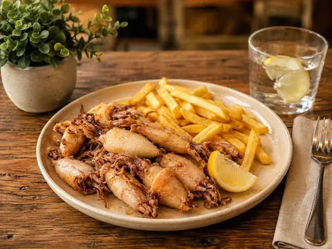 Chipirones fritos con patatas fritas y limón