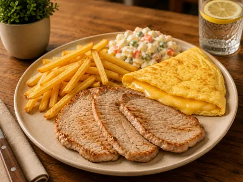 Combinado con lomo de cerdo, tortilla, ensaladilla y patatas fritas