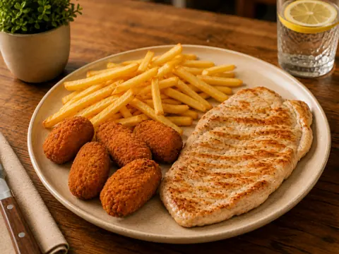 Combinado con filete de pollo, croquetas de chorizo y patatas fritas