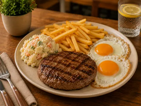 Combinado con hamburguesa, huevos, ensaladilla y patatas fritas