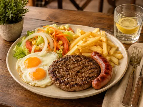 Combinado con hamburguesa, huevos, ensalada, salchicha y patatas fritas