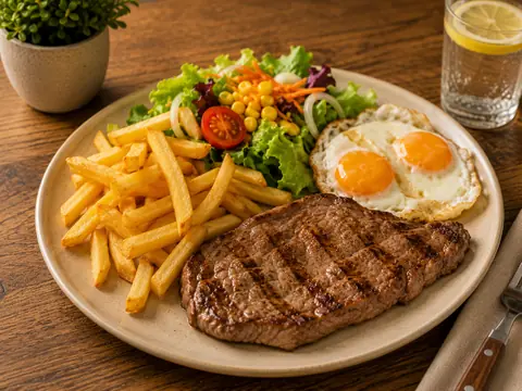 Combinado con filete de ternera, ensalada, huevos y patatas fritas
