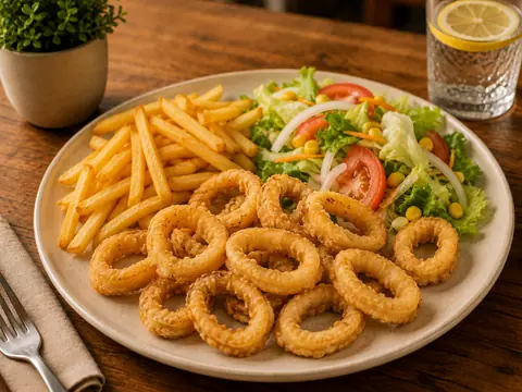 Combinado con calamares a la romana, patatas fritas y ensalada