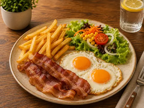 Combinado con bacon, huevos fritos, patatas fritas y ensalada