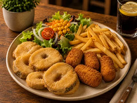 Combinado con merluza, croquetas de marisco, patatas fritas y ensalada