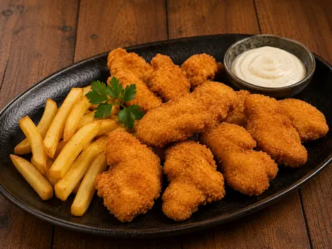 Delicias de pollo empanadas con patatas fritas y salsa