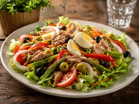 Ensalada especial con atún, huevo, espárragos, verduras y aceitunas