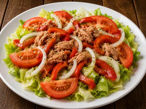 Ensalada mixta con lechuga, tomate, cebolla, atún y pimientos
