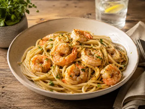 Espaguetis con gambas y salsa cremosa