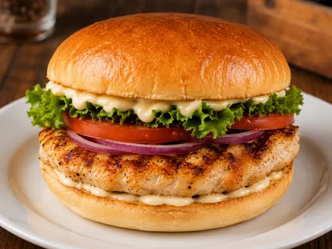 Hamburguesa de pollo con lechuga, tomate y cebolla