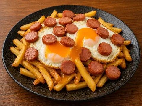 Huevos rotos con salchicha sobre patatas fritas