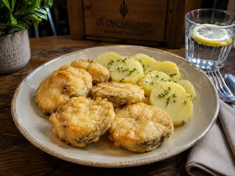 Merluza a la romana rebozada con patatas cocidas