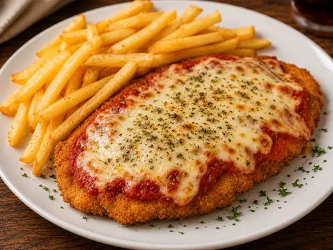 Milanesa de ternera a la napolitana con queso y patatas fritas