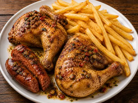 Dos muslos de pollo con chorizo criollo y patatas fritas