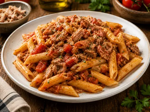Pasta con salsa de tomate y atún