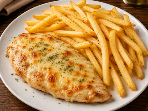 Pechuga de pollo cubierta de queso con patatas fritas