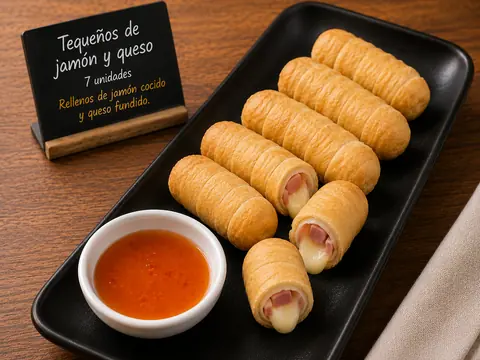 Siete tequeños de jamón y queso acompañados de salsa
