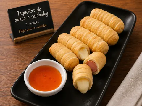 Siete tequeños de queso o salchidog acompañados de salsa