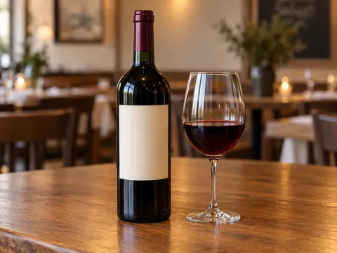 Copa y botella de vino tinto de la casa